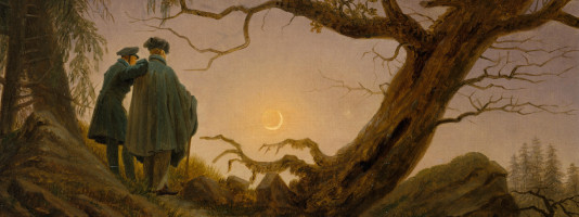 due uomini conteplano la luna, dettaglio del dipinto di Caspar David Friedrich