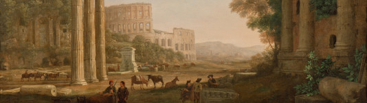 dettaglio di un quadro raffigurante il colosseo sullo sfondo e dei pastori in primo piano tra altre rovine romane