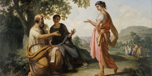 Ritratto di Socrate, Diotima e un terzo uomo durante un dibattito